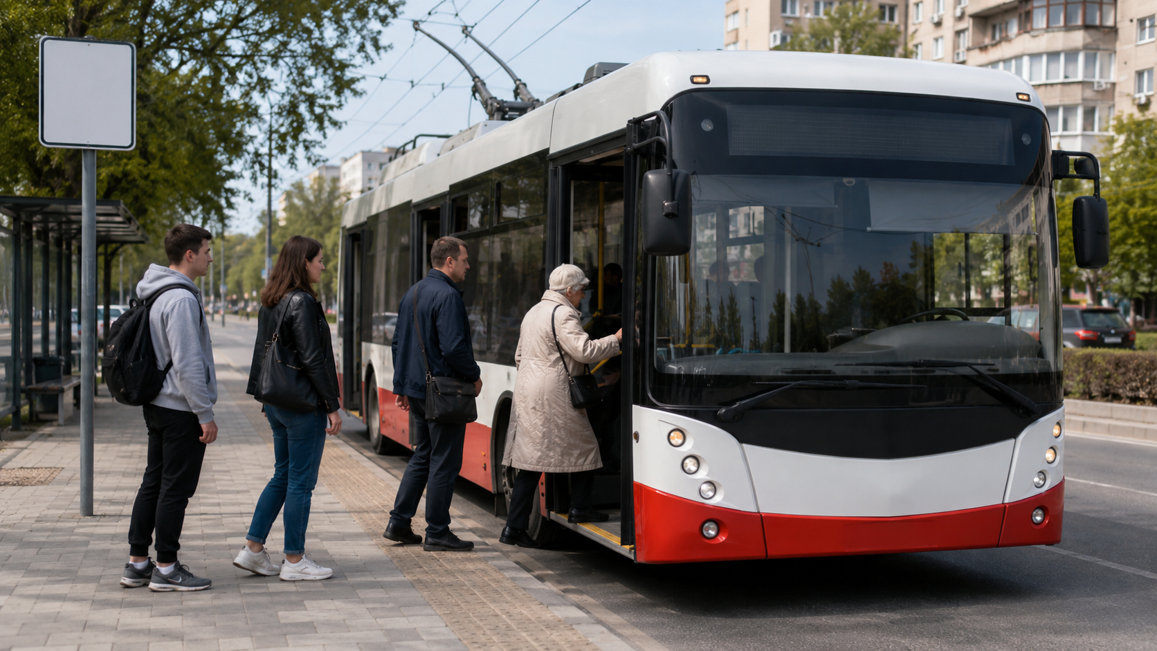 Посадка пасажирів на зупинці тролейбуса 2 в Одесі