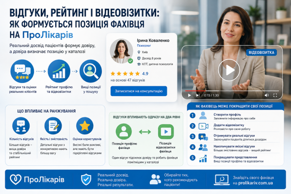 Відгуки, рейтинг і відеовізитки як формується позиція фахівця на ПроЛікарів